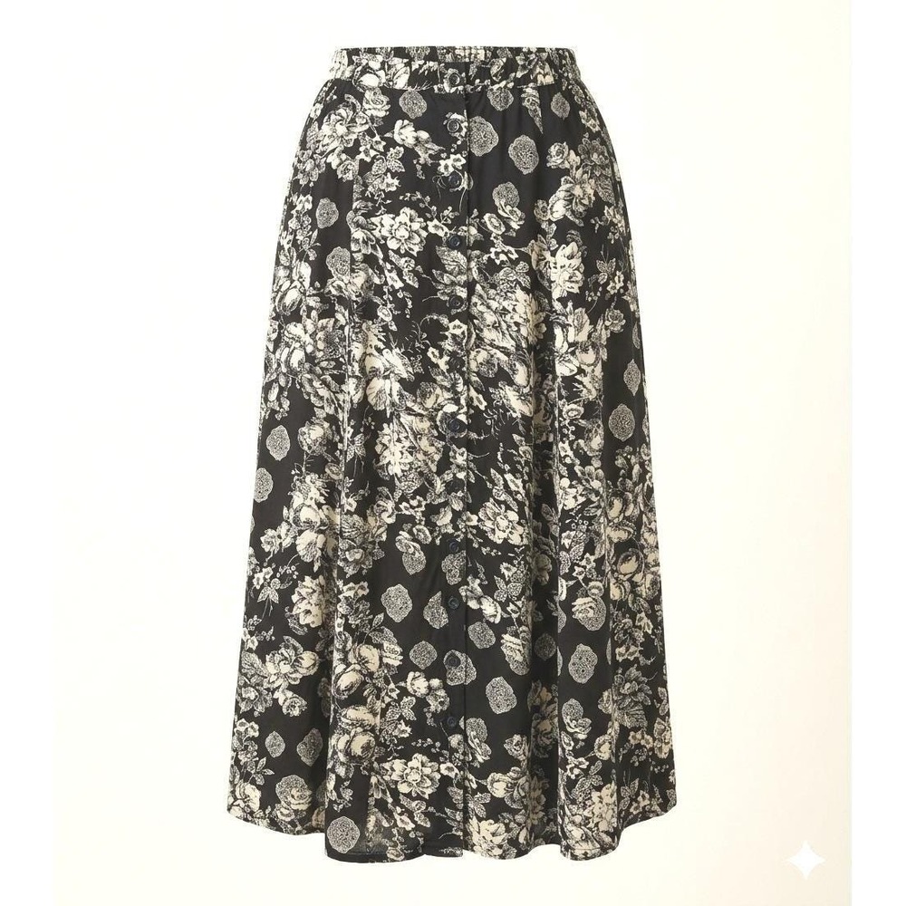 Ship'nShore Vintage 90s Floral Button Front Long Midi Skirt Black White Rayon S